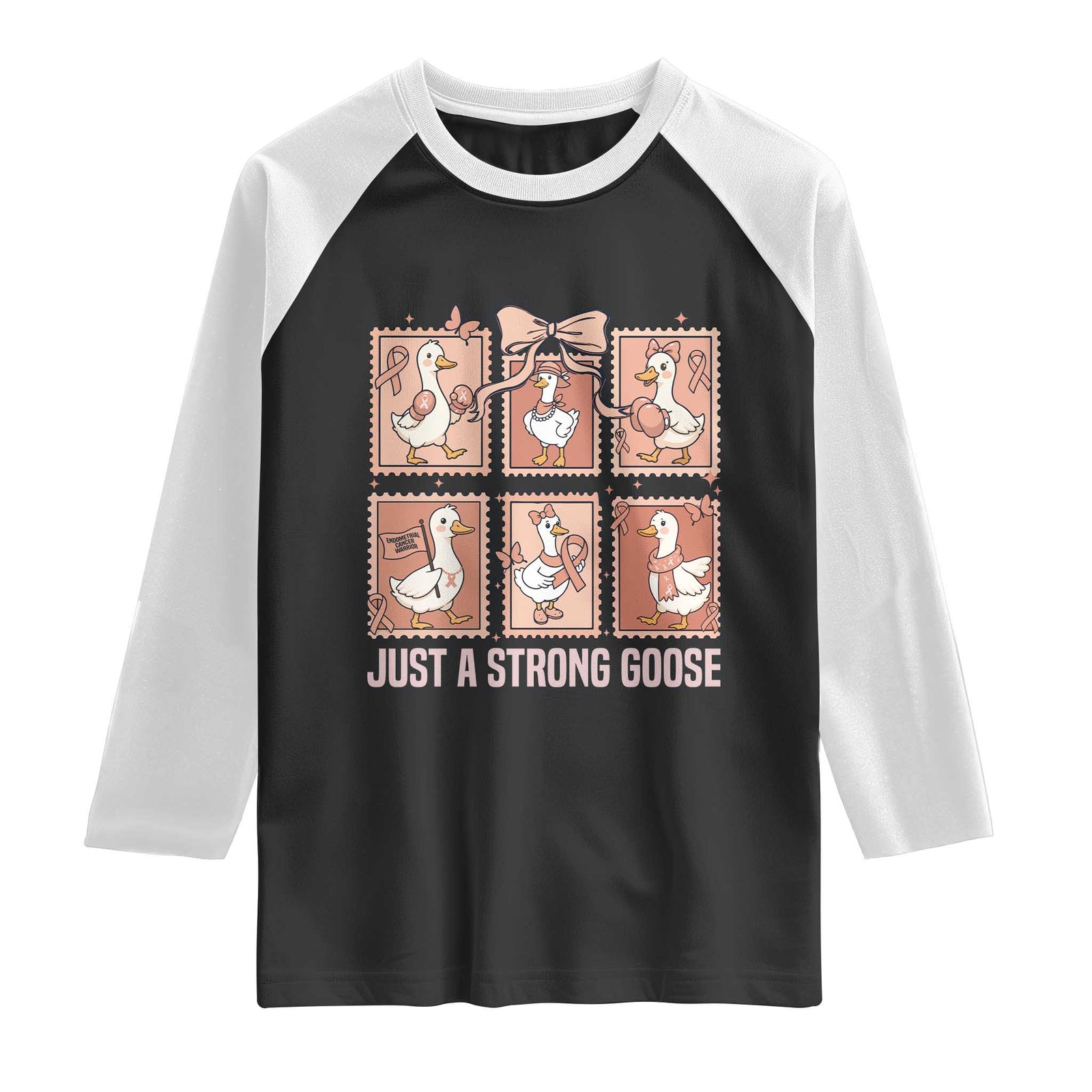 Funny Endometrial Cancer Warrior Goose Raglan Shirt Just A Strong Goose TS12 Black White Print Your Wear