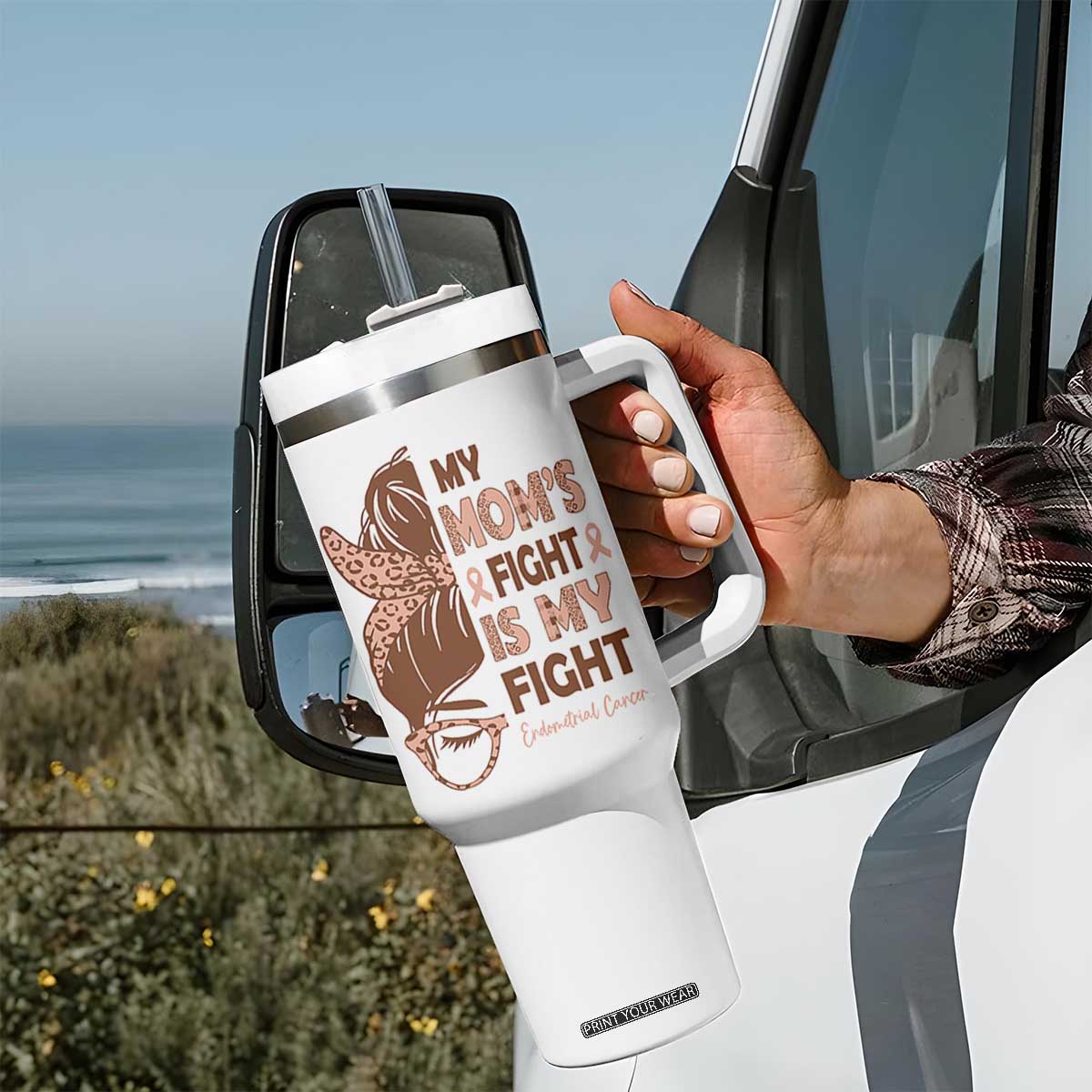 Endometrial Cancer Support Tumbler With Handle My Moms Fight My Fight