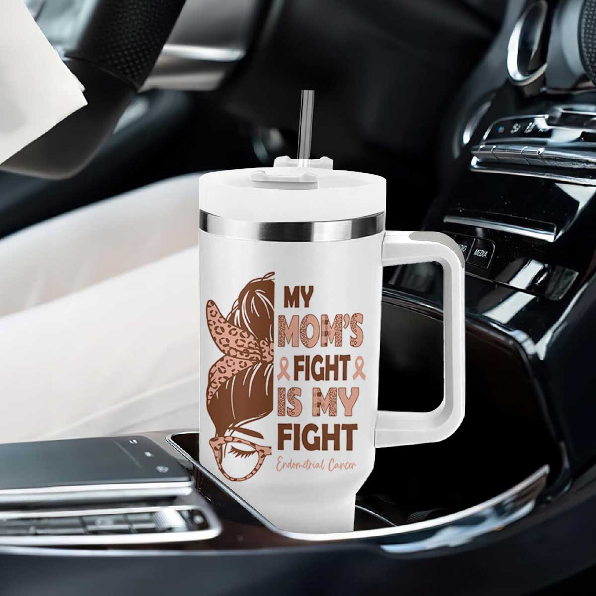 Endometrial Cancer Support Tumbler With Handle My Moms Fight My Fight