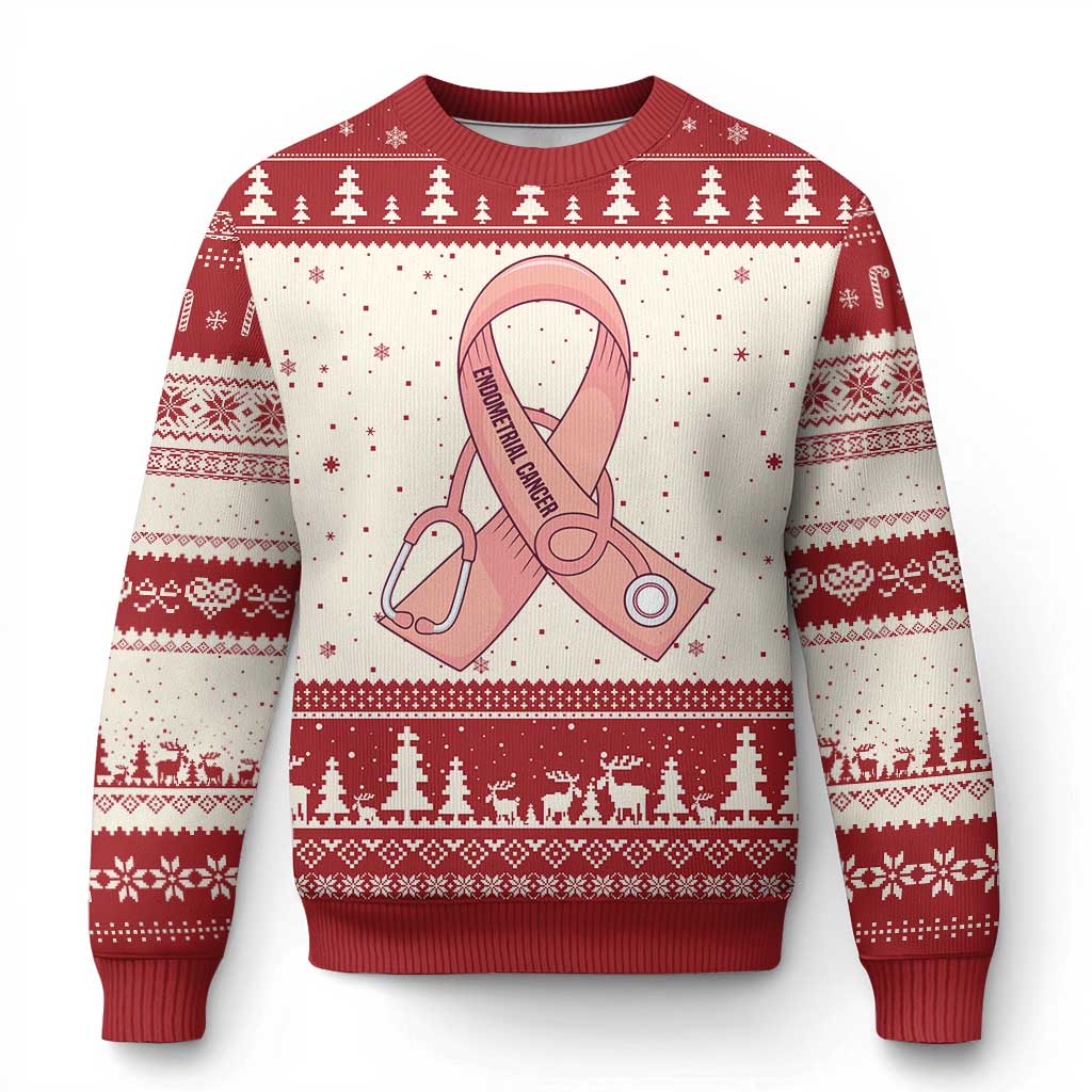 Endometrial Cancer Healthcare Warrior Ugly Christmas Sweater Peach Stethoscope Nurse TS12 Beige Red Print Your Wear