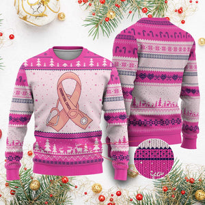 Endometrial Cancer Healthcare Warrior Ugly Christmas Sweater Peach Stethoscope Nurse