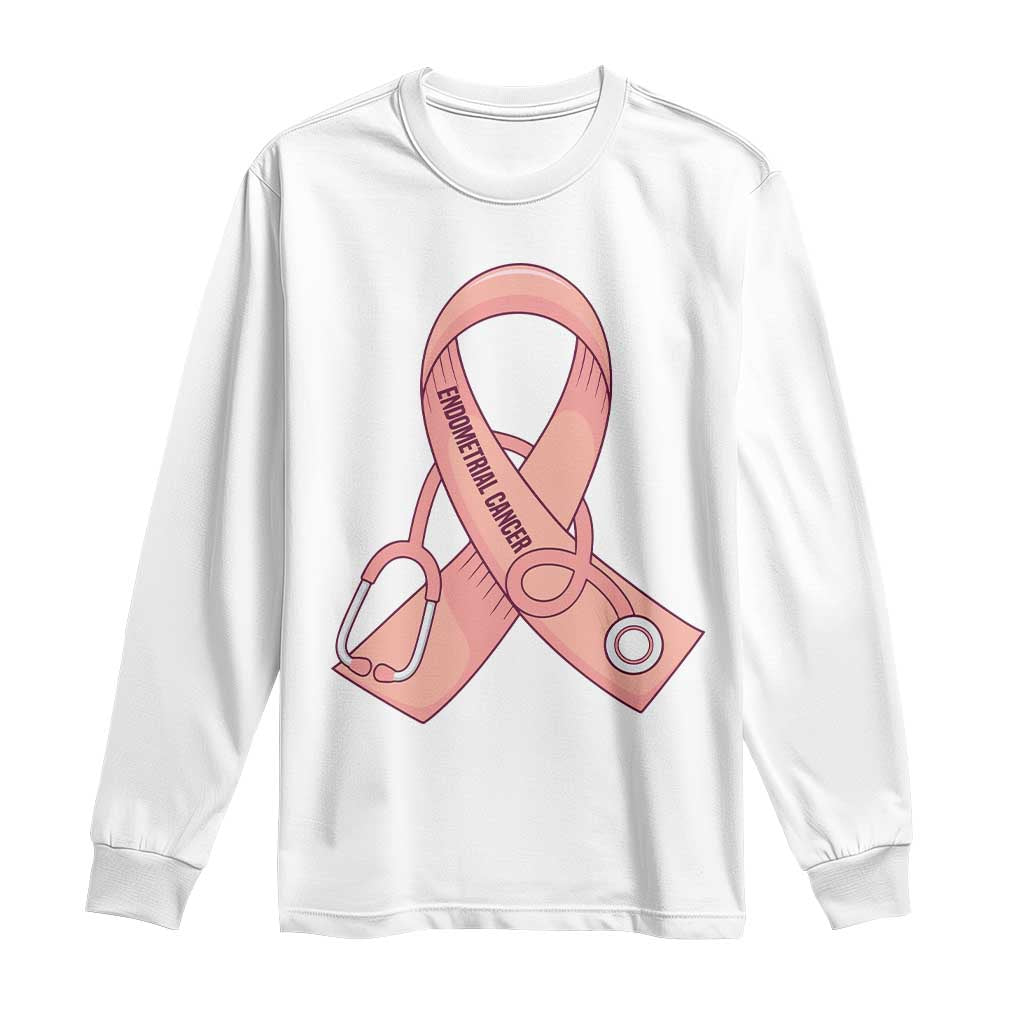 Endometrial Cancer Healthcare Warrior Long Sleeve Shirt Peach Stethoscope Nurse TS12 White Print Your Wear