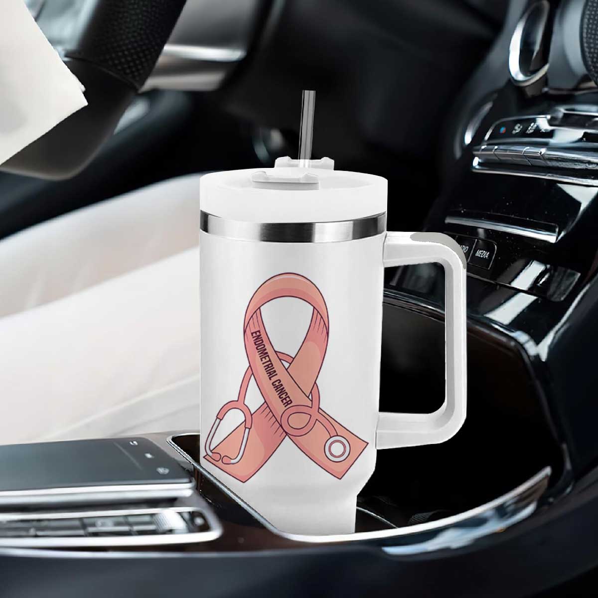 Endometrial Cancer Healthcare Warrior Tumbler With Handle Peach Stethoscope Nurse