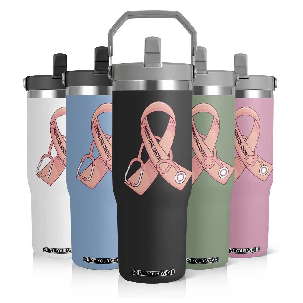 Endometrial Cancer Healthcare Warrior Flip Straw Tumbler Peach Stethoscope Nurse