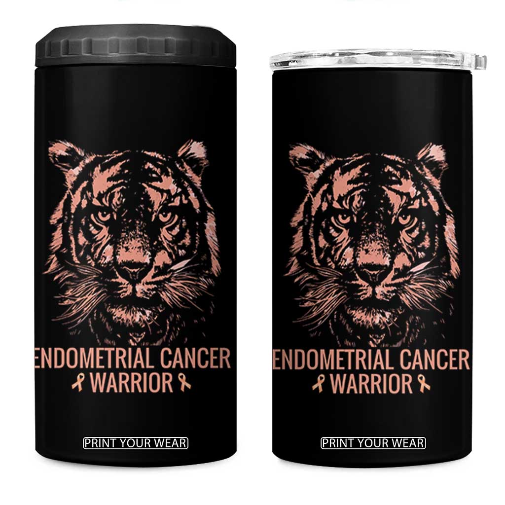 Endometrial Cancer Warrior Tiger 4 in 1 Can Cooler Tumbler Strength Courage Hope