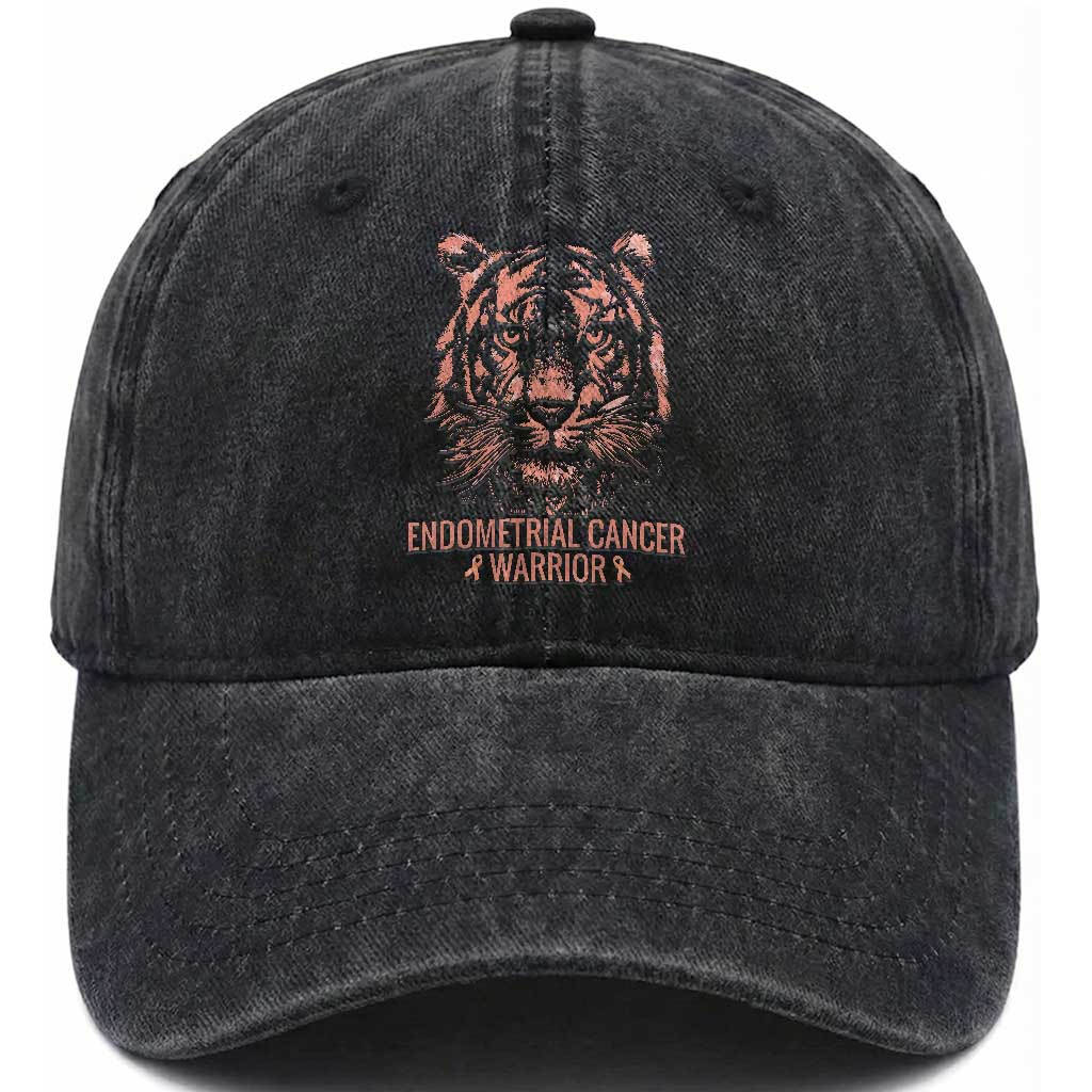 Endometrial Cancer Warrior Tiger Washed Cotton Baseball Cap Strength Courage Hope