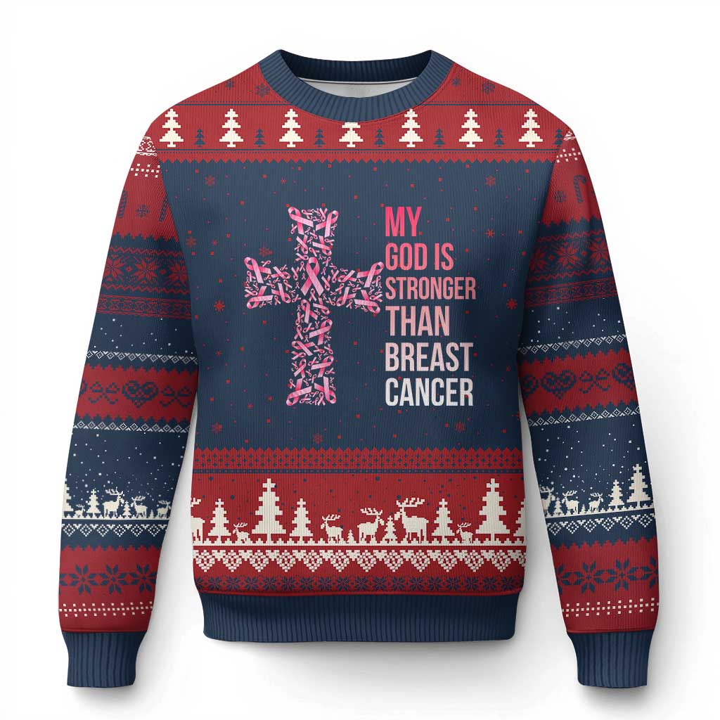 My God Is Stronger Than Breast Cancer Survivor Hope Gift Ugly Christmas Sweater TS12 Navy Red Print Your Wear