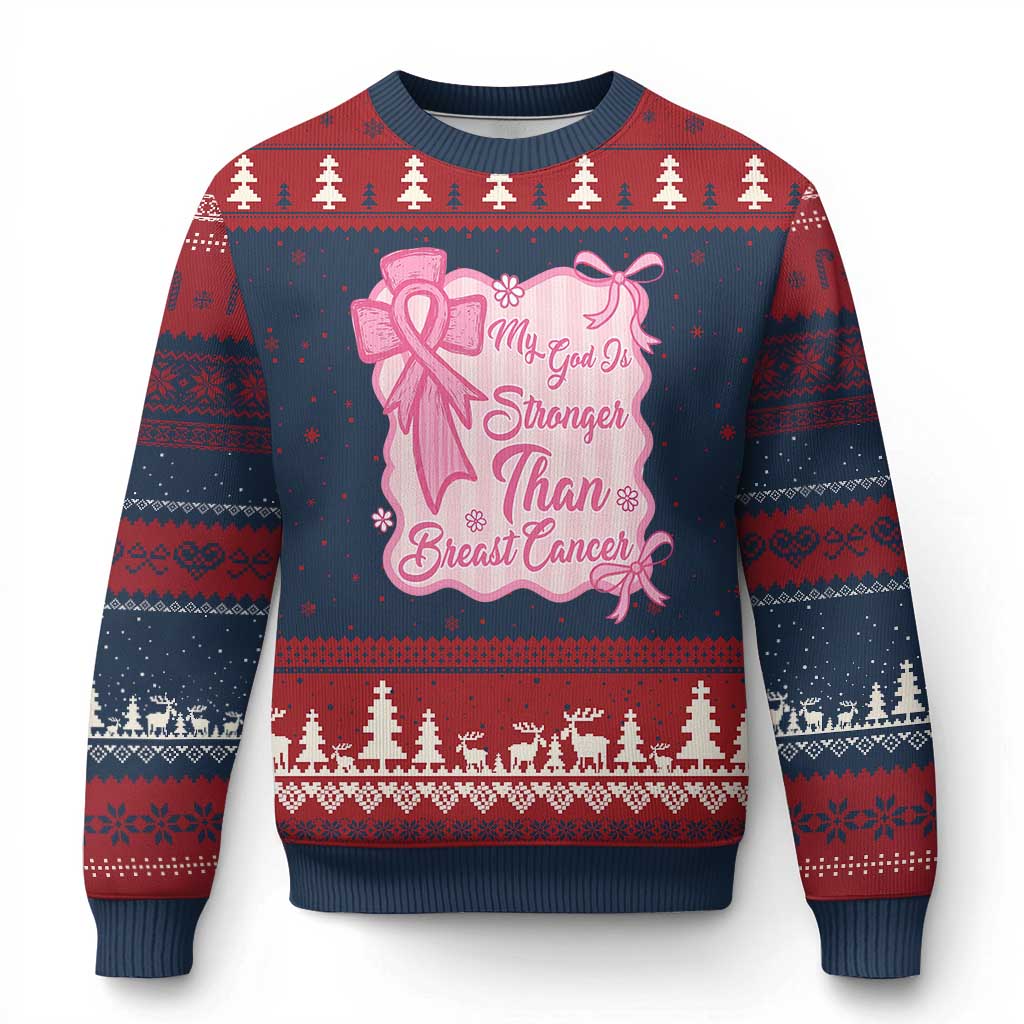My God Is Stronger Than Breast Cancer Ugly Christmas Sweater Christian Support Gift