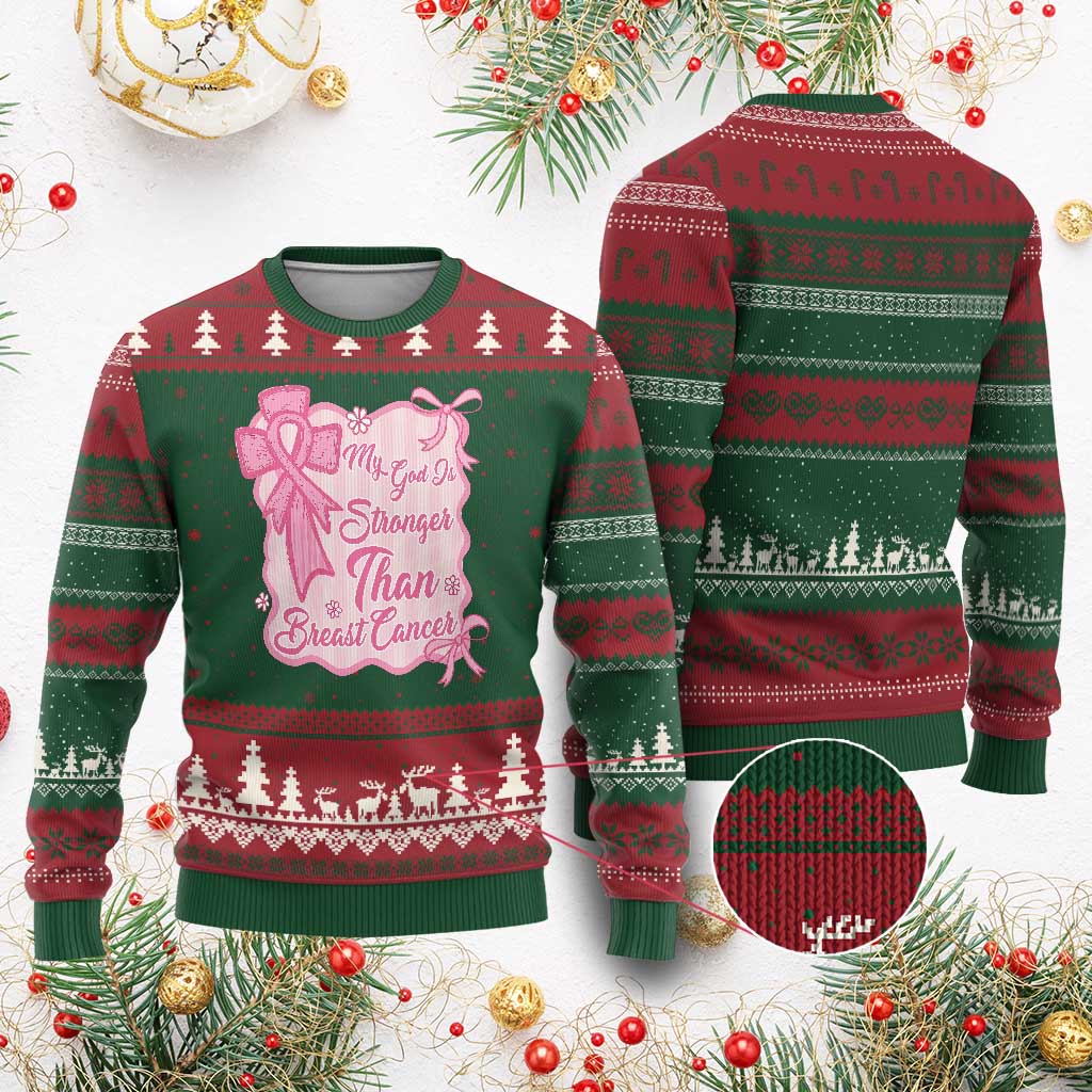 My God Is Stronger Than Breast Cancer Ugly Christmas Sweater Christian Support Gift