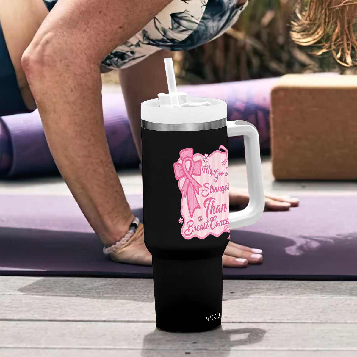My God Is Stronger Than Breast Cancer Tumbler With Handle Christian Support Gift