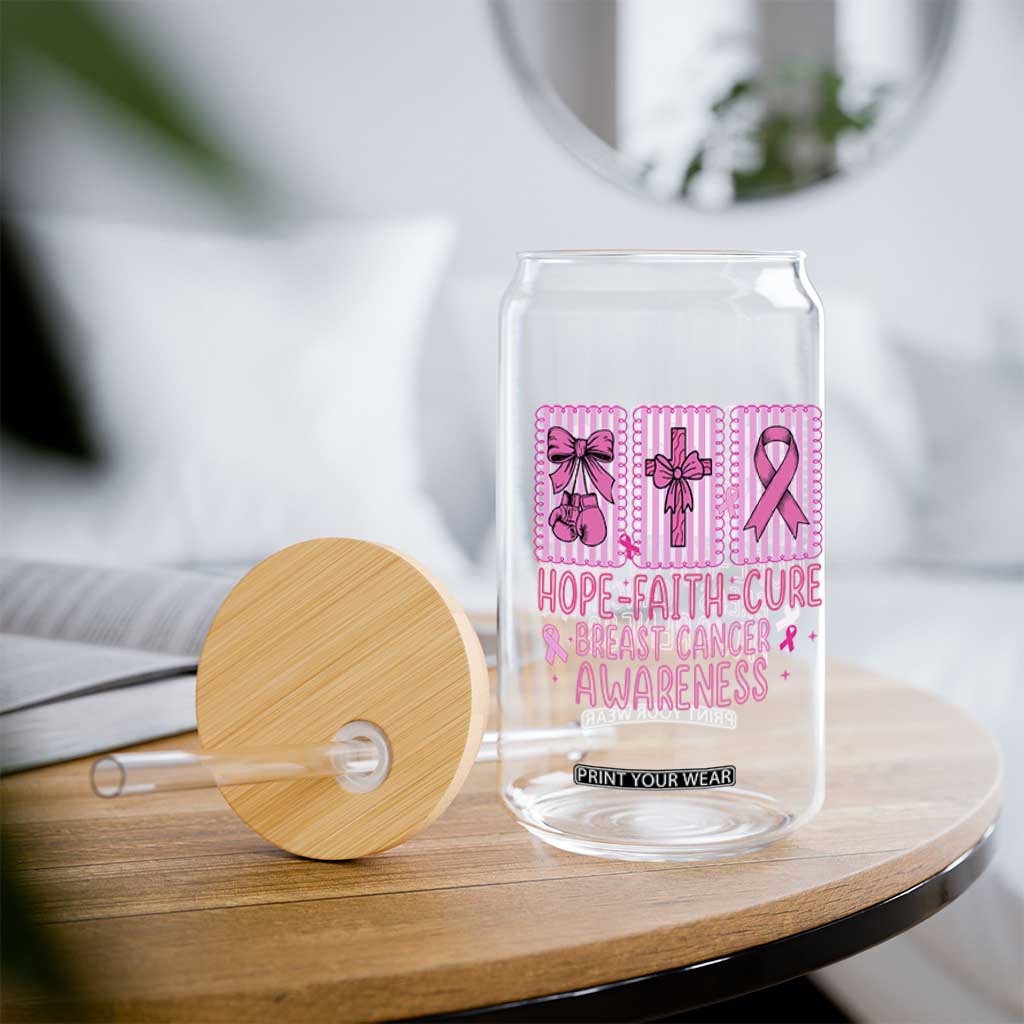 Hope Faith Cure Breast Cancer Awareness Glass Can Pink Ribbon Survivor Support Gift