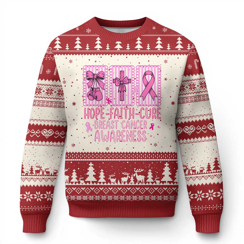 Hope Faith Cure Breast Cancer Awareness Ugly Christmas Sweater Pink Ribbon Survivor Support Gift TS12 Beige Red Print Your Wear