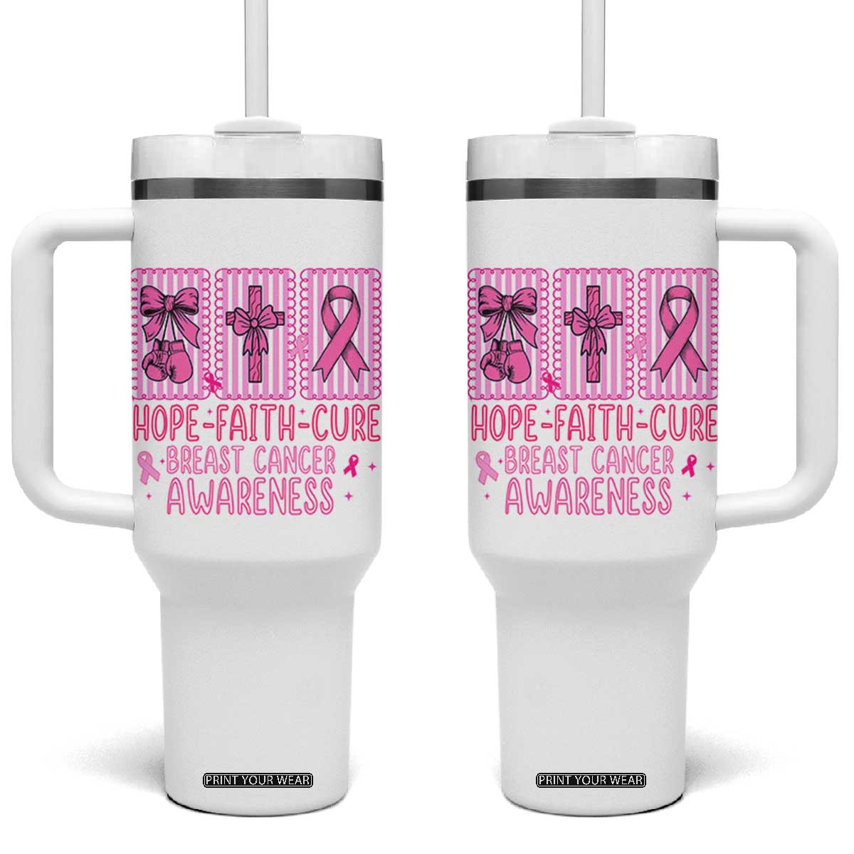 Hope Faith Cure Breast Cancer Awareness Tumbler With Handle Pink Ribbon Survivor Support Gift