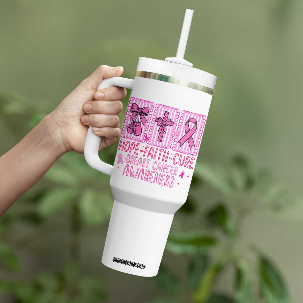 Hope Faith Cure Breast Cancer Awareness Tumbler With Handle Pink Ribbon Survivor Support Gift