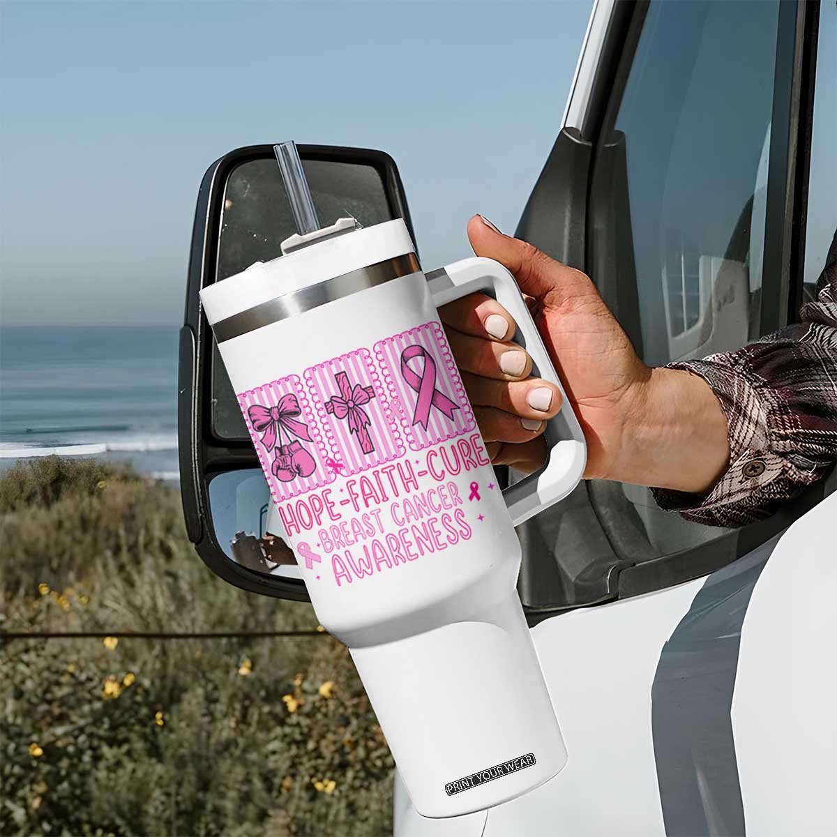 Hope Faith Cure Breast Cancer Awareness Tumbler With Handle Pink Ribbon Survivor Support Gift