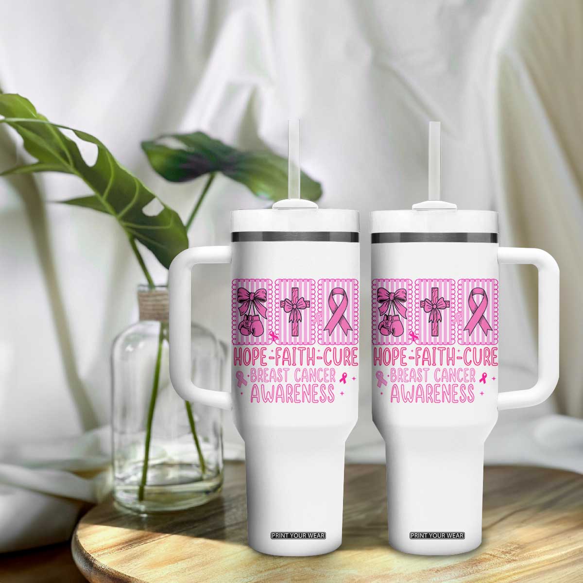 Hope Faith Cure Breast Cancer Awareness Tumbler With Handle Pink Ribbon Survivor Support Gift