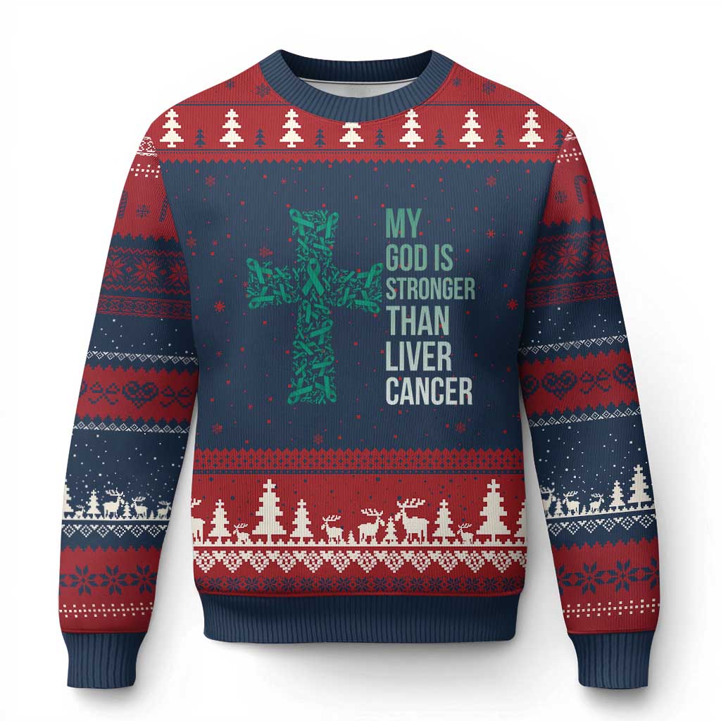 My God Is Stronger Than Liver Cancer Ugly Christmas Sweater Faith Hope Support Gift