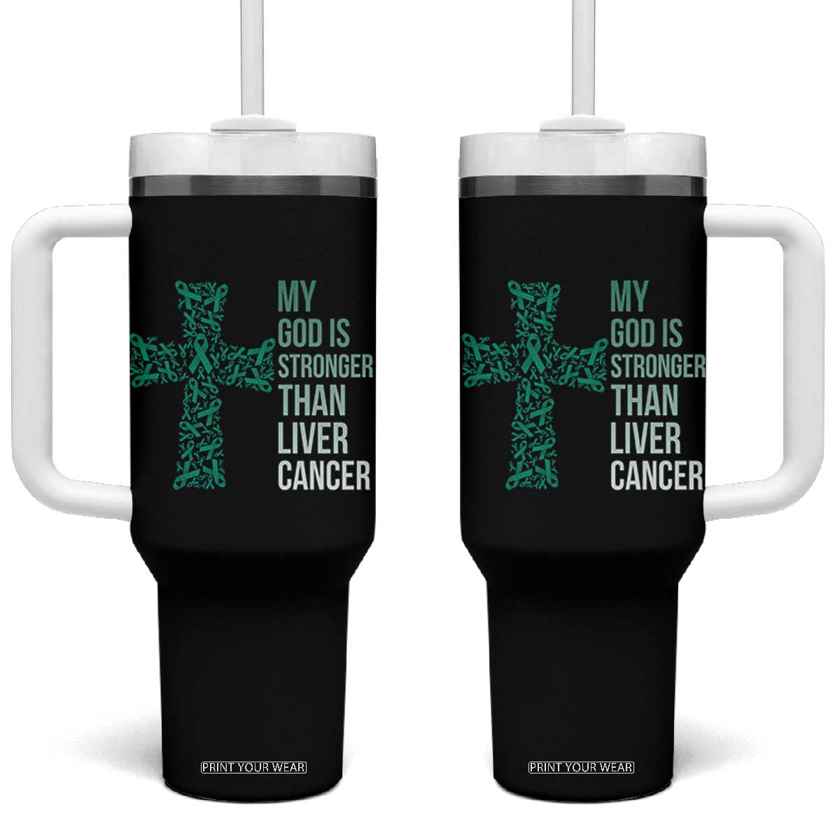 My God Is Stronger Than Liver Cancer Tumbler With Handle Faith Hope Support Gift