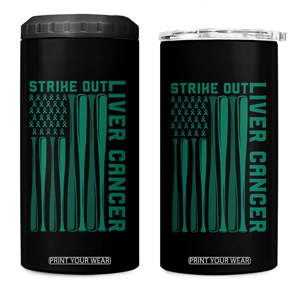 Strike Out Liver Cancer Baseball 4 in 1 Can Cooler Tumbler American Flag Support Gift