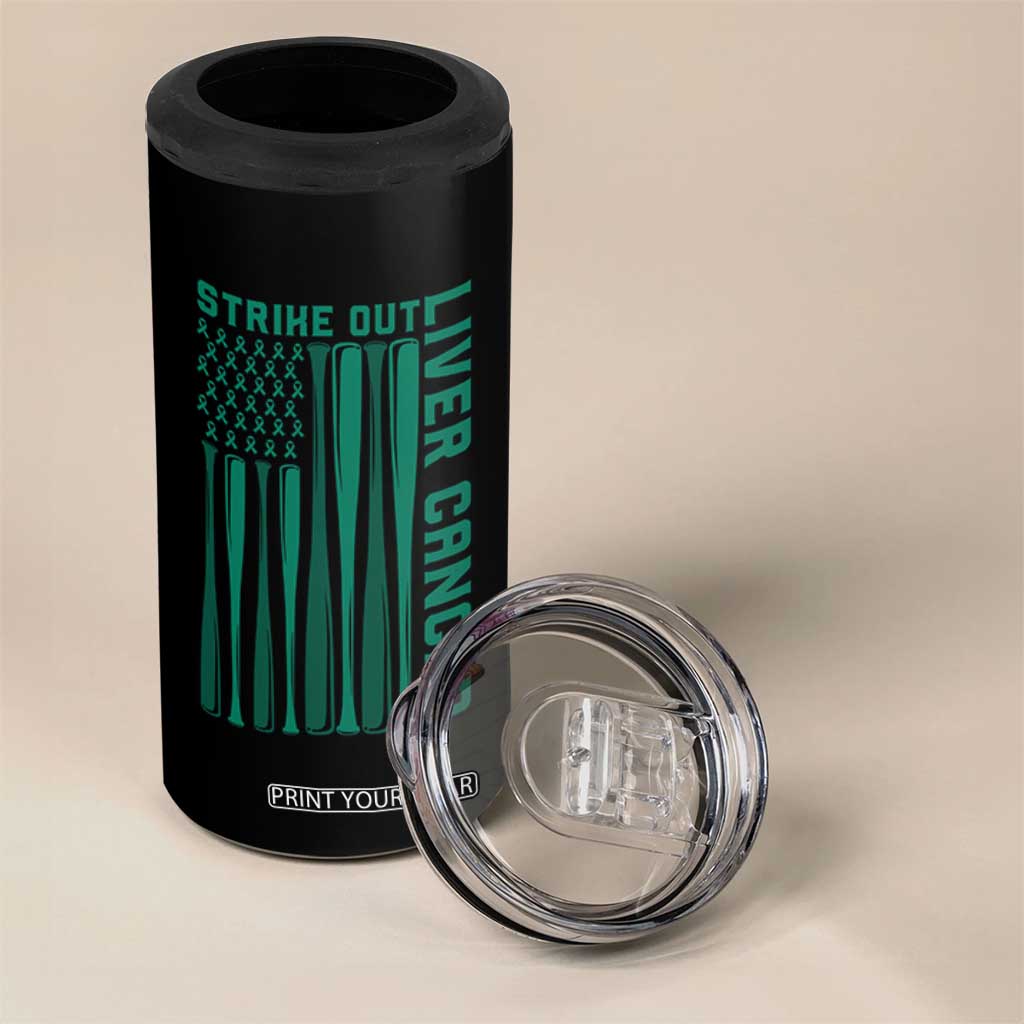 Strike Out Liver Cancer Baseball 4 in 1 Can Cooler Tumbler American Flag Support Gift