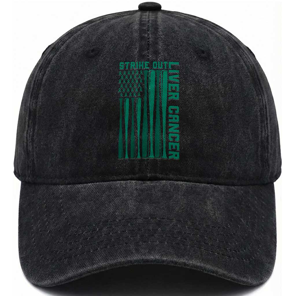 Strike Out Liver Cancer Baseball Washed Cotton Baseball Cap American Flag Support Gift