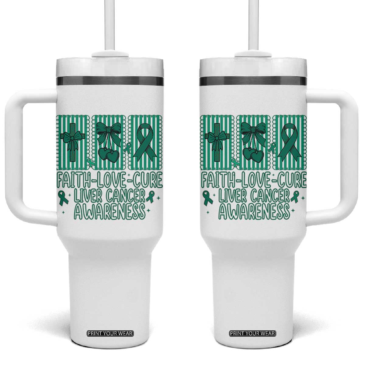 Faith Love And Cure Liver Cancer Awareness Tumbler With Handle Hope Survivor Support