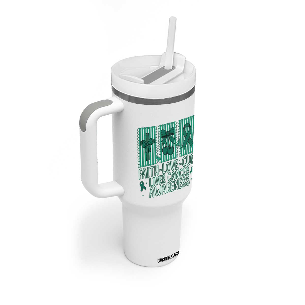 Faith Love And Cure Liver Cancer Awareness Tumbler With Handle Hope Survivor Support