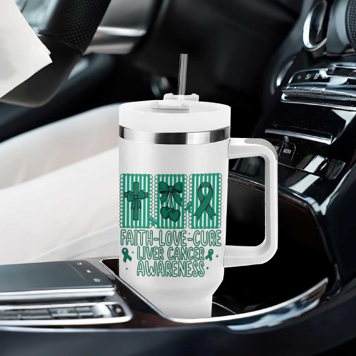 Faith Love And Cure Liver Cancer Awareness Tumbler With Handle Hope Survivor Support