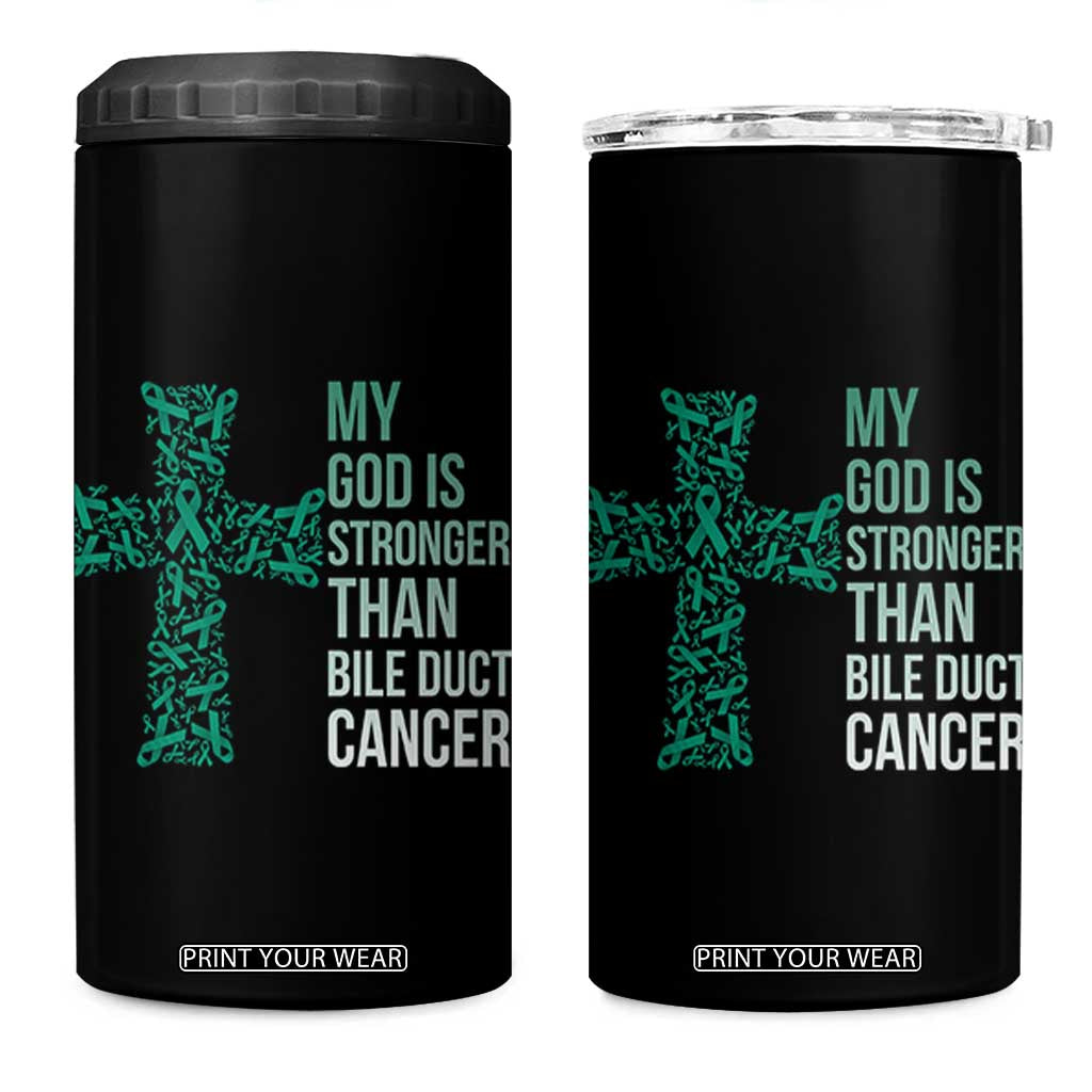 My God Is Stronger Than Bile Duct Cancer 4 in 1 Can Cooler Tumbler Faith Over Fear Support Gift