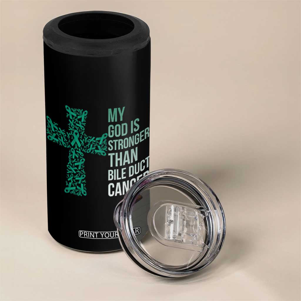 My God Is Stronger Than Bile Duct Cancer 4 in 1 Can Cooler Tumbler Faith Over Fear Support Gift