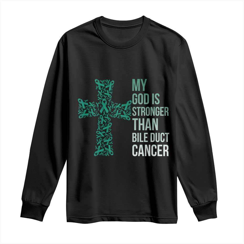 My God Is Stronger Than Bile Duct Cancer Long Sleeve Shirt Faith Over Fear Support Gift TS12 Black Print Your Wear