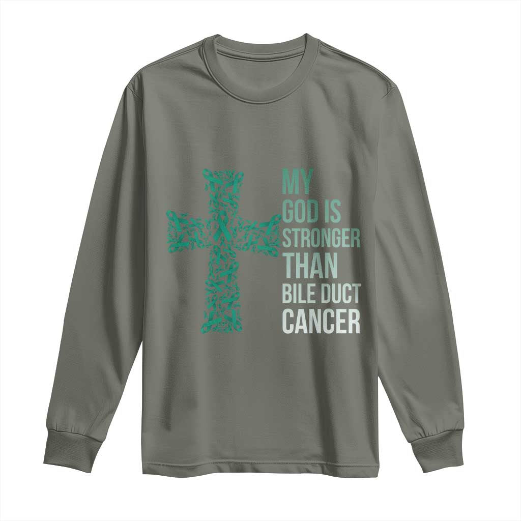 My God Is Stronger Than Bile Duct Cancer Long Sleeve Shirt Faith Over Fear Support Gift