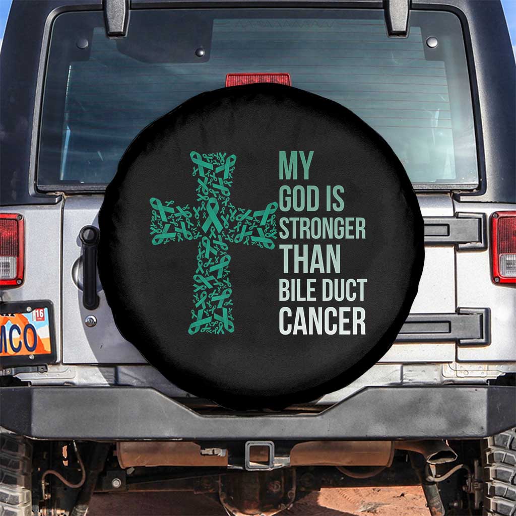 My God Is Stronger Than Bile Duct Cancer Spare Tire Cover Faith Over Fear Support Gift TS12 No hole Black Print Your Wear