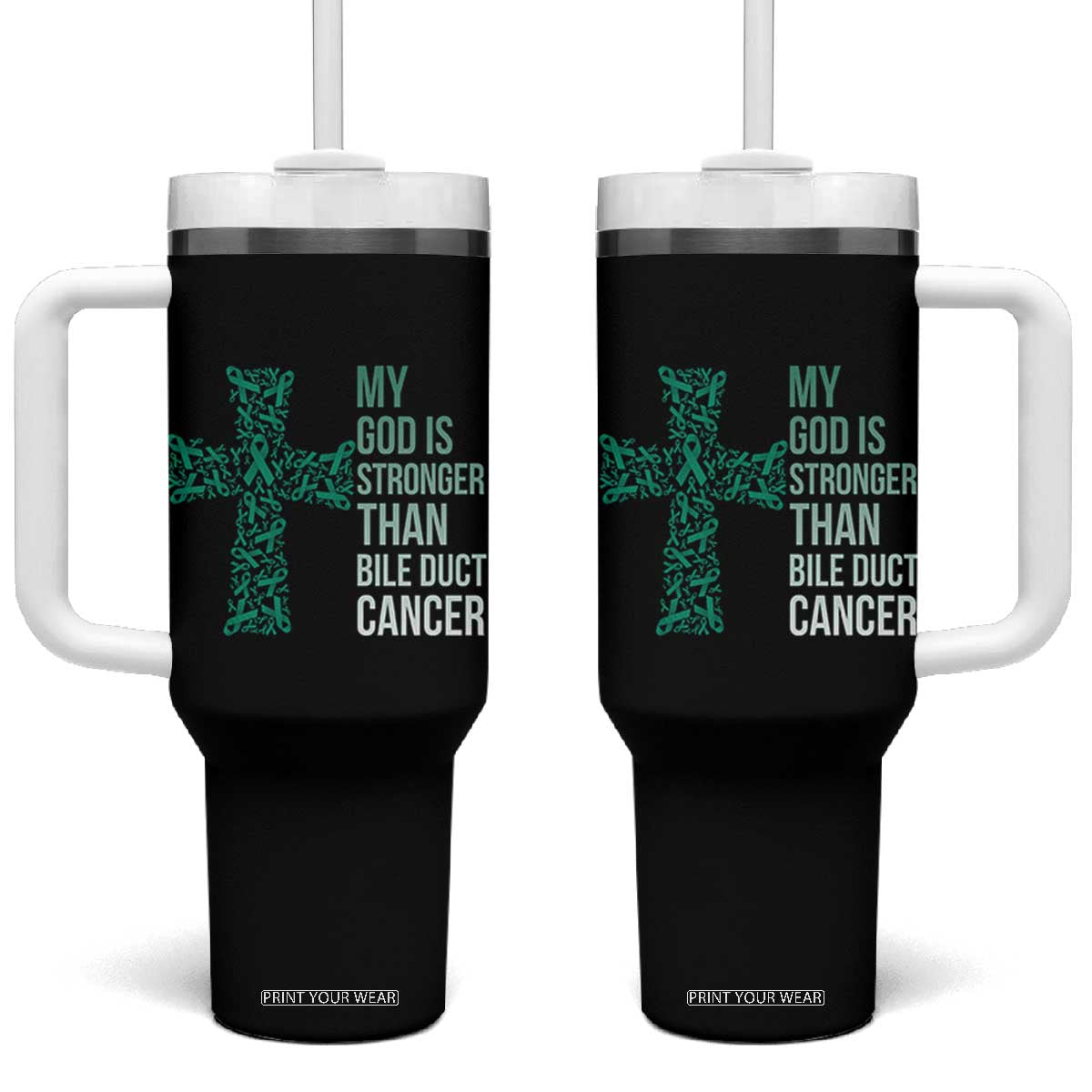 My God Is Stronger Than Bile Duct Cancer Tumbler With Handle Faith Over Fear Support Gift