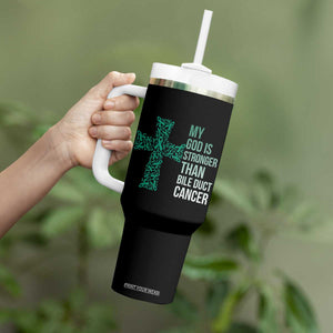 My God Is Stronger Than Bile Duct Cancer Tumbler With Handle Faith Over Fear Support Gift