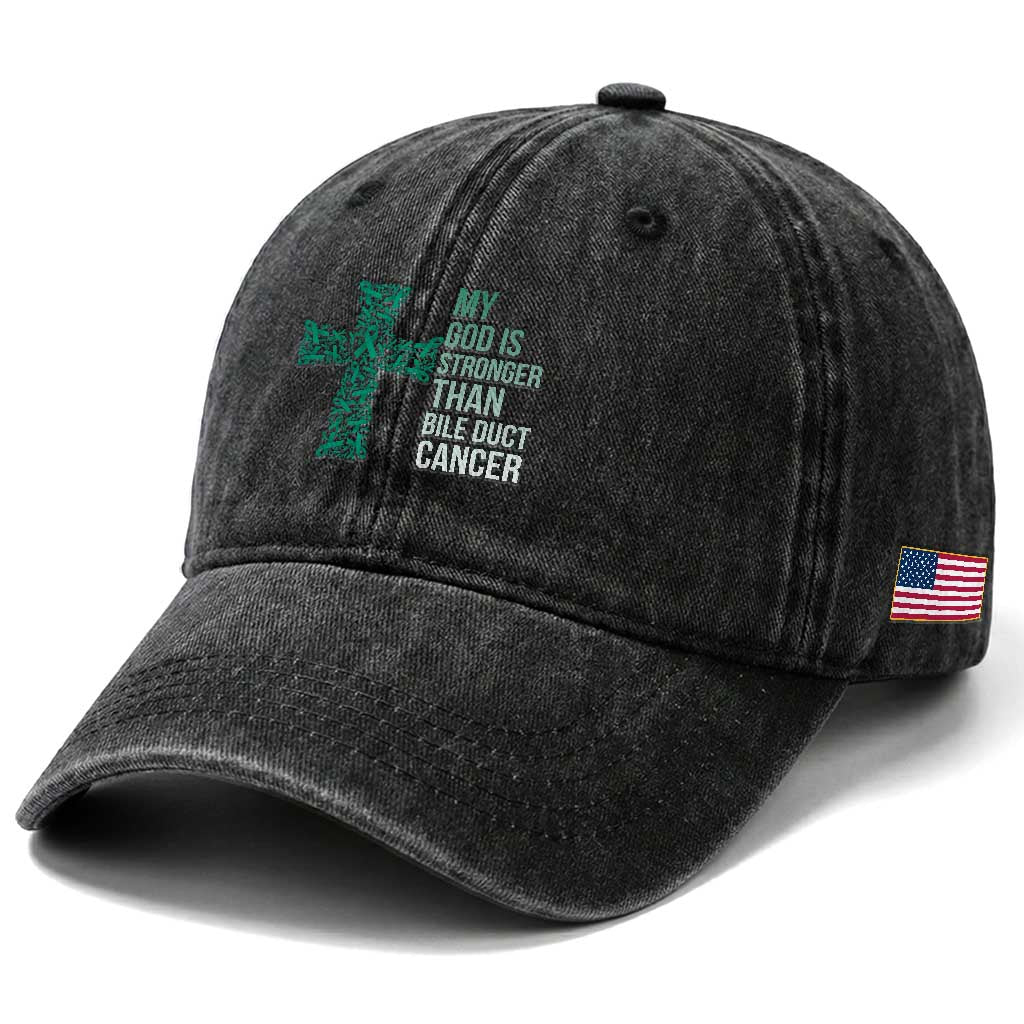 My God Is Stronger Than Bile Duct Cancer Washed Cotton Baseball Cap Faith Over Fear Support Gift