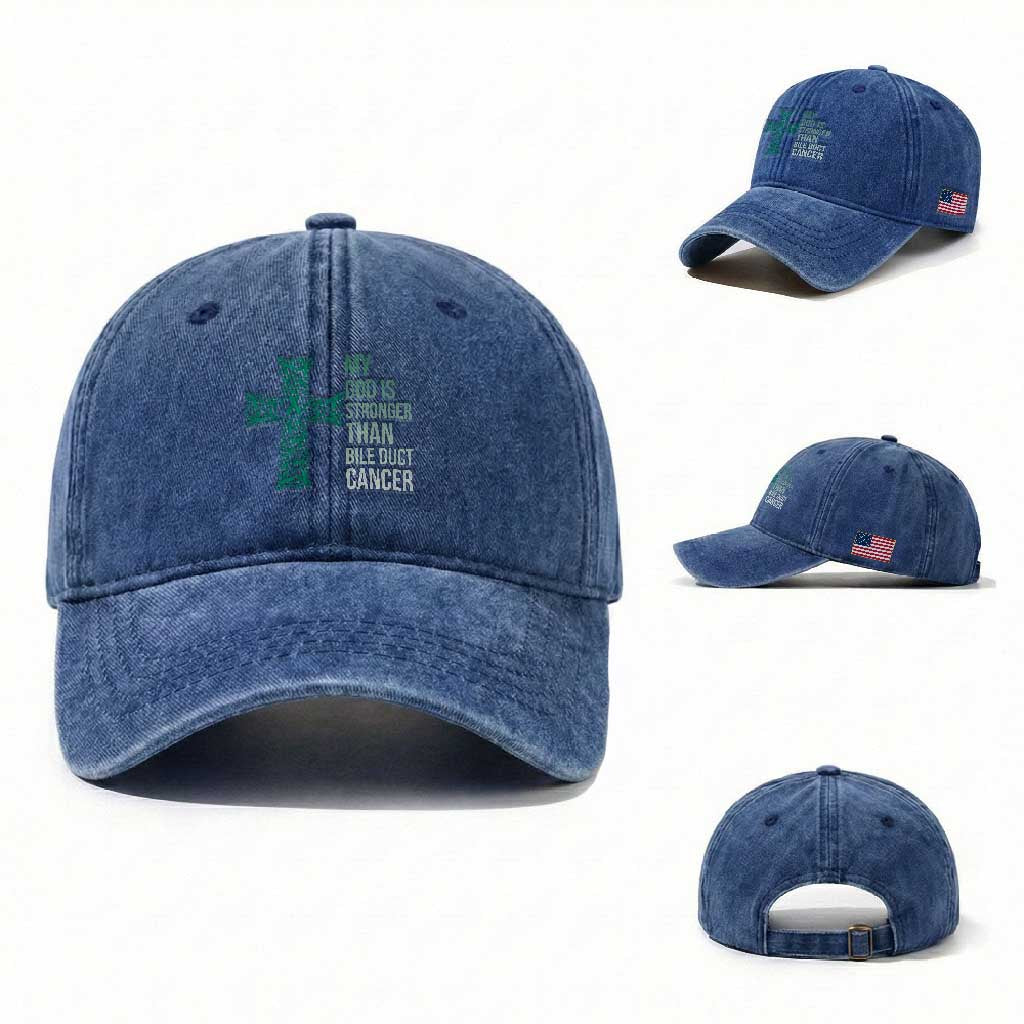 My God Is Stronger Than Bile Duct Cancer Washed Cotton Baseball Cap Faith Over Fear Support Gift