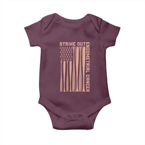 Strike Out Endometrial Cancer Baseball Baby Onesie Peach Ribbon American Flag Support Gift