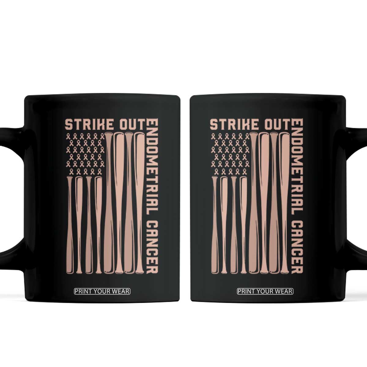 Strike Out Endometrial Cancer Baseball Coffee Mug Peach Ribbon American Flag Support Gift