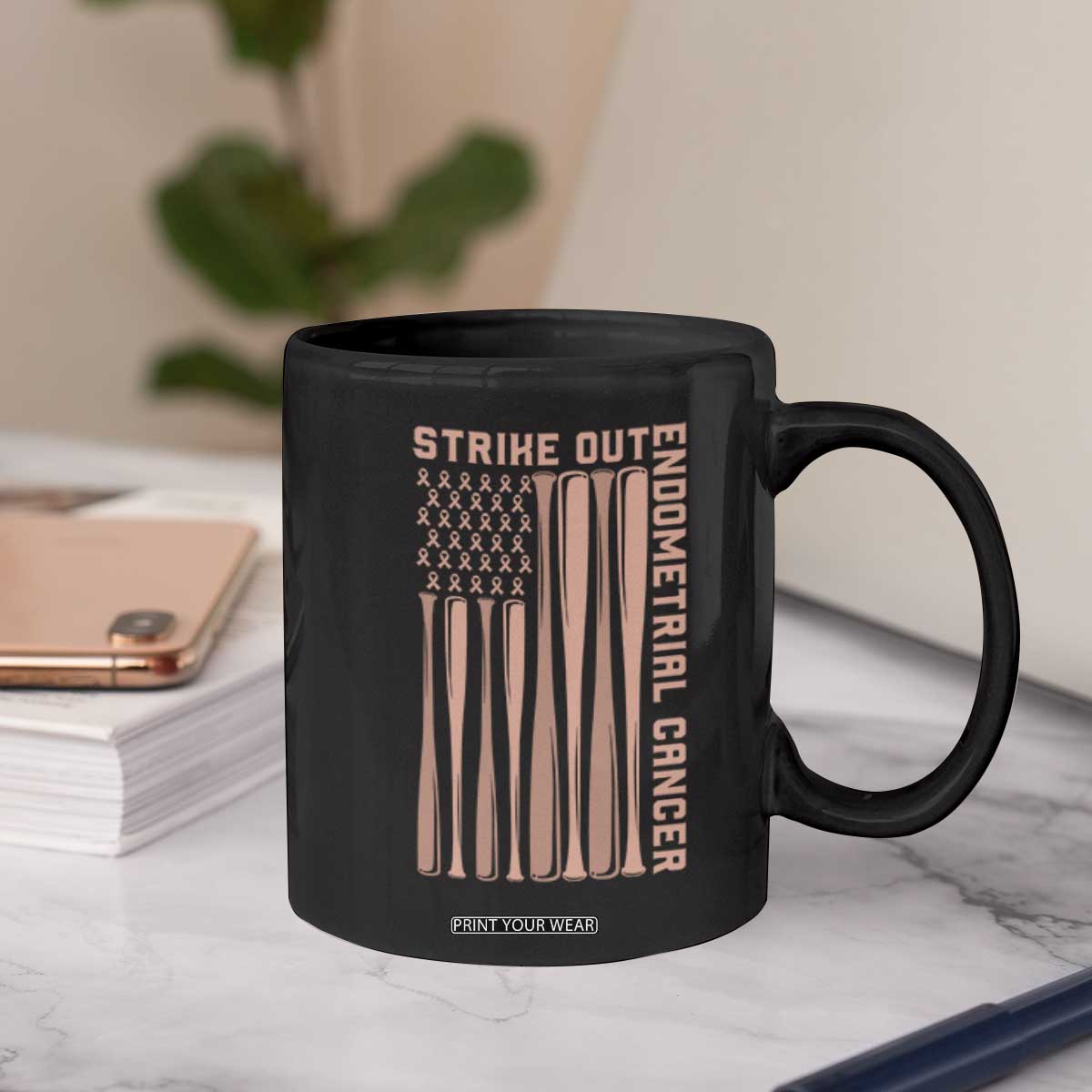 Strike Out Endometrial Cancer Baseball Coffee Mug Peach Ribbon American Flag Support Gift
