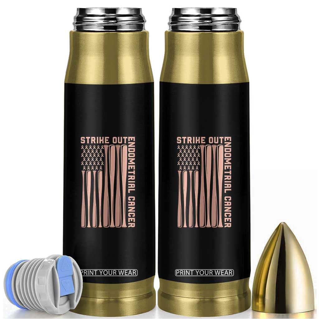 Strike Out Endometrial Cancer Baseball Bullet Tumbler Peach Ribbon American Flag Support Gift