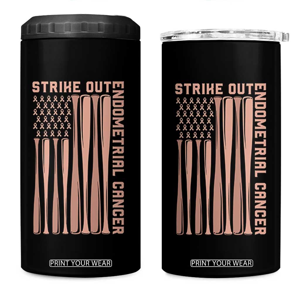 Strike Out Endometrial Cancer Baseball 4 in 1 Can Cooler Tumbler Peach Ribbon American Flag Support Gift