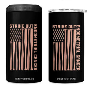 Strike Out Endometrial Cancer Baseball 4 in 1 Can Cooler Tumbler Peach Ribbon American Flag Support Gift
