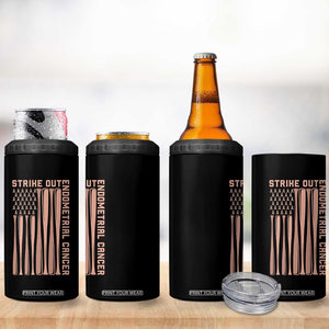 Strike Out Endometrial Cancer Baseball 4 in 1 Can Cooler Tumbler Peach Ribbon American Flag Support Gift