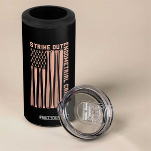 Strike Out Endometrial Cancer Baseball 4 in 1 Can Cooler Tumbler Peach Ribbon American Flag Support Gift