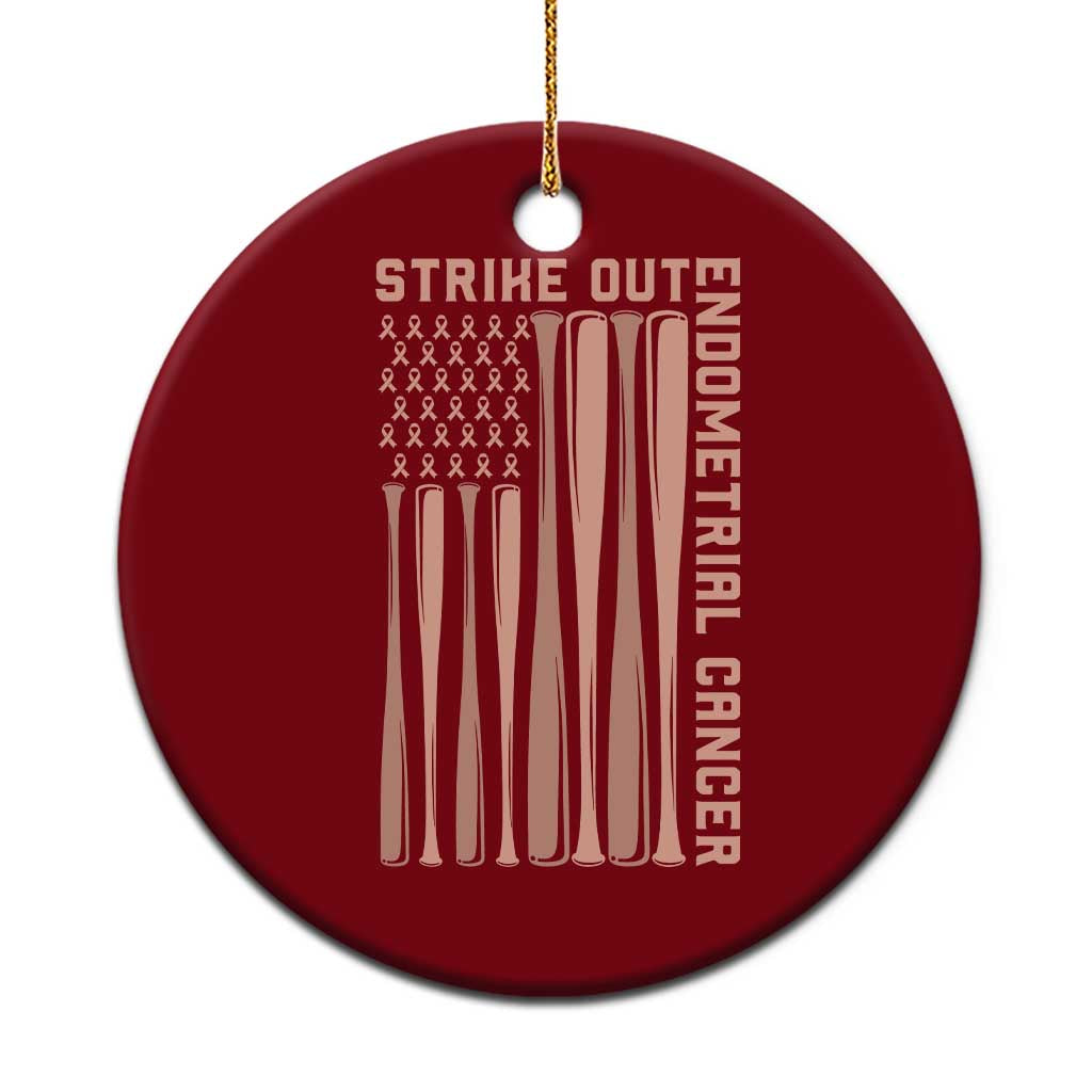 Strike Out Endometrial Cancer Baseball Ceramic Ornament Peach Ribbon American Flag Support Gift