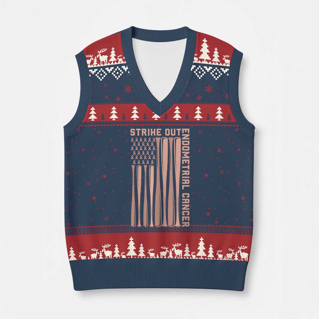 Strike Out Endometrial Cancer Baseball V-Neck Knit Sweater Vest Peach Ribbon American Flag Support Gift TS12 Navy Red Print Your Wear
