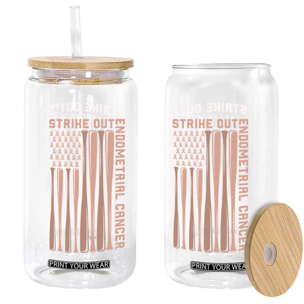 Strike Out Endometrial Cancer Baseball Glass Can Peach Ribbon American Flag Support Gift