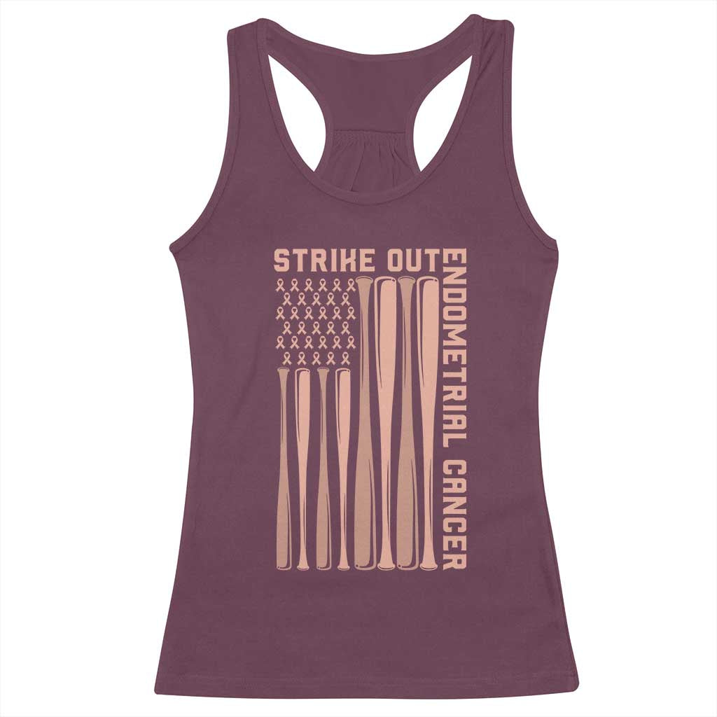 Strike Out Endometrial Cancer Baseball Racerback Tank Top Peach Ribbon American Flag Support Gift