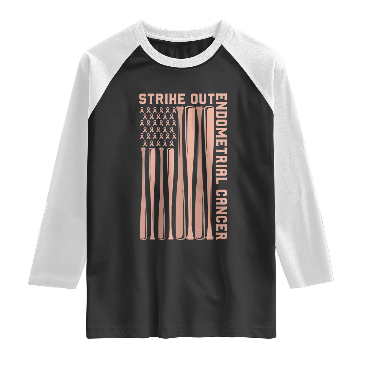 Strike Out Endometrial Cancer Baseball Raglan Shirt Peach Ribbon American Flag Support Gift